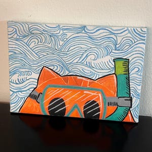 Orange Cat Art Painting, Snorkeling 5” x 7” canvas Acrylic Paint- original hand painted art, Acrylic painting, Cat Art, Orange Cat, Seascape