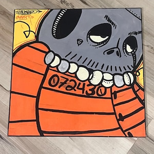 hand painted Graffiti Art Character Prison Mitch painting on canvas, 10x10 acrylics & spray paint, urban art, signed by street artist NSANE