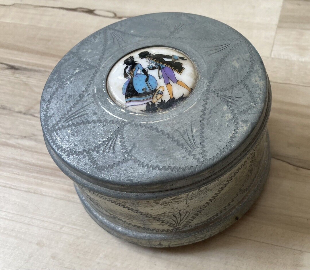 Vintage Round Metal Powder Box W/ Medallion on Lid, Working Music Box