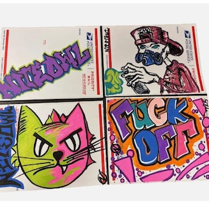 graffiti street art stickers Lot of 4, USPS LABEL 228 - 4 STACK hand drawn and painted by Graff Artist NiteOwl
