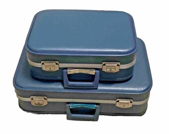 Vintage Blue Suitcases - Matching Set,  2 piece nesting luggage, 1960's Travel Train Cases, Retro Hardcase - One w/ Mirror