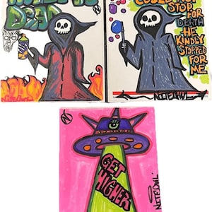 Graffiti Street Art 3 Stack of Stickers - Grim Reaper, Dickinson Poem, UFO - USPS label 228 -  signed NiteOwl