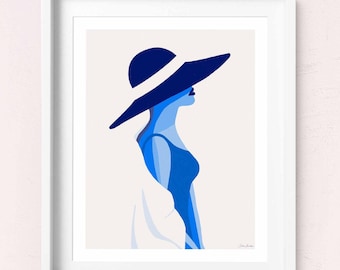 Woman at Beach Print, Woman in Swimsuit Art Print, Blue Beach Art, Coastal Wall Art, Woman Portrait