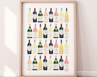 Wine Bottle Art Print, Cellar Decor, Wine Cellar Art, Bar Cart Art Decor, Wine Watercolor Print