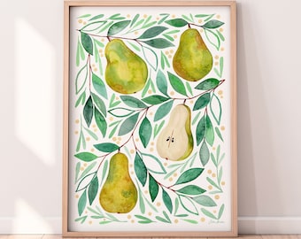 Pears and Botanicals Art Print, Pear Watercolor, Watercolor Fruit Print, Kitchen Watercolor Prints, Fruit Art for Kitchen, Pear Painting