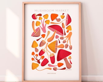Mushroom Market, Amsterdam Travel Poster, Food Poster, Mushroom Decor, Fungi Poster