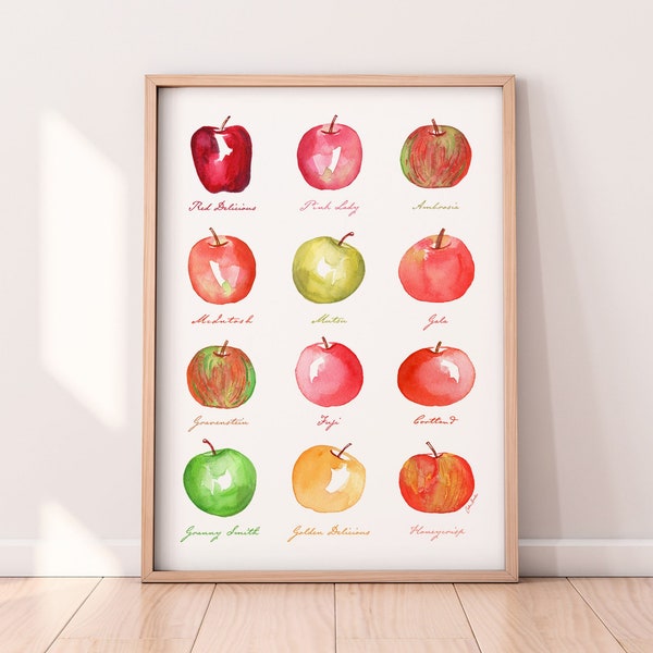 Apple Harvest Watercolor Print, Whimsical Fall Decor for Kitchen, Autumn Art, Apple Kitchen Decor, Types of Apples Poster