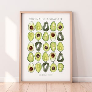 Póster de aguacate, impresión artística de aguacate, arte de cocina mexicana, arte de pared de aguacate, aguacate de acuarela