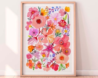 Flower Wall Art Prints, Watercolor Flowers, Modern Floral Art Print, Modern Watercolor Art, Pink Wall Art, Funky Flower Art