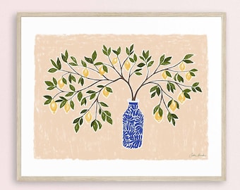 Italian Lemon Art Print: Blue Vase Mediterranean Decor