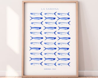 Lámina artística de sardinas: decoración de cocina italiana con acuarela azul