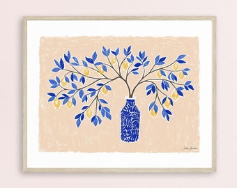 Lemon Tree Art Print: Blue Vase, Italian Kitchen Decor