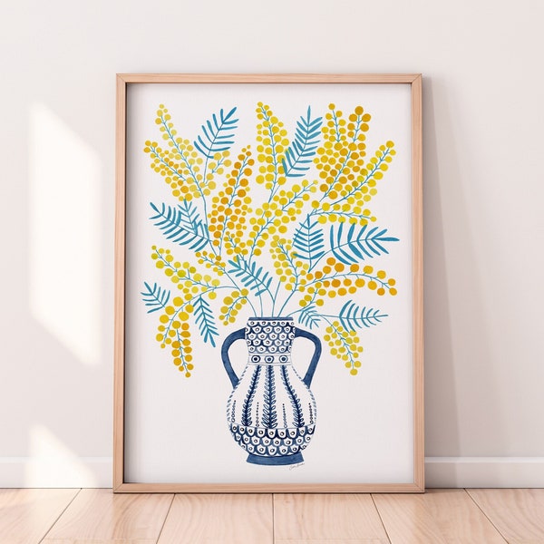 Vase and Mimosa Flowers Art Print, Modern Blue and Yellow Wall Decor, Flower Illustration, Floral Art Print, Flowers in Vase Art Print