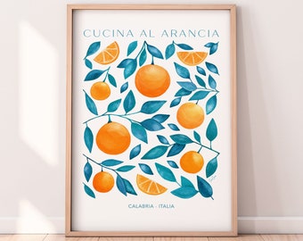 Impresión de acuarela de cocina naranja: decoración italiana para el hogar