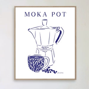 Puede incluir: Un dibujo de línea azul de una cafetera moka y una taza de café con granos de café sobre un fondo blanco. El texto "MOKA POT" está en la parte superior de la imagen.