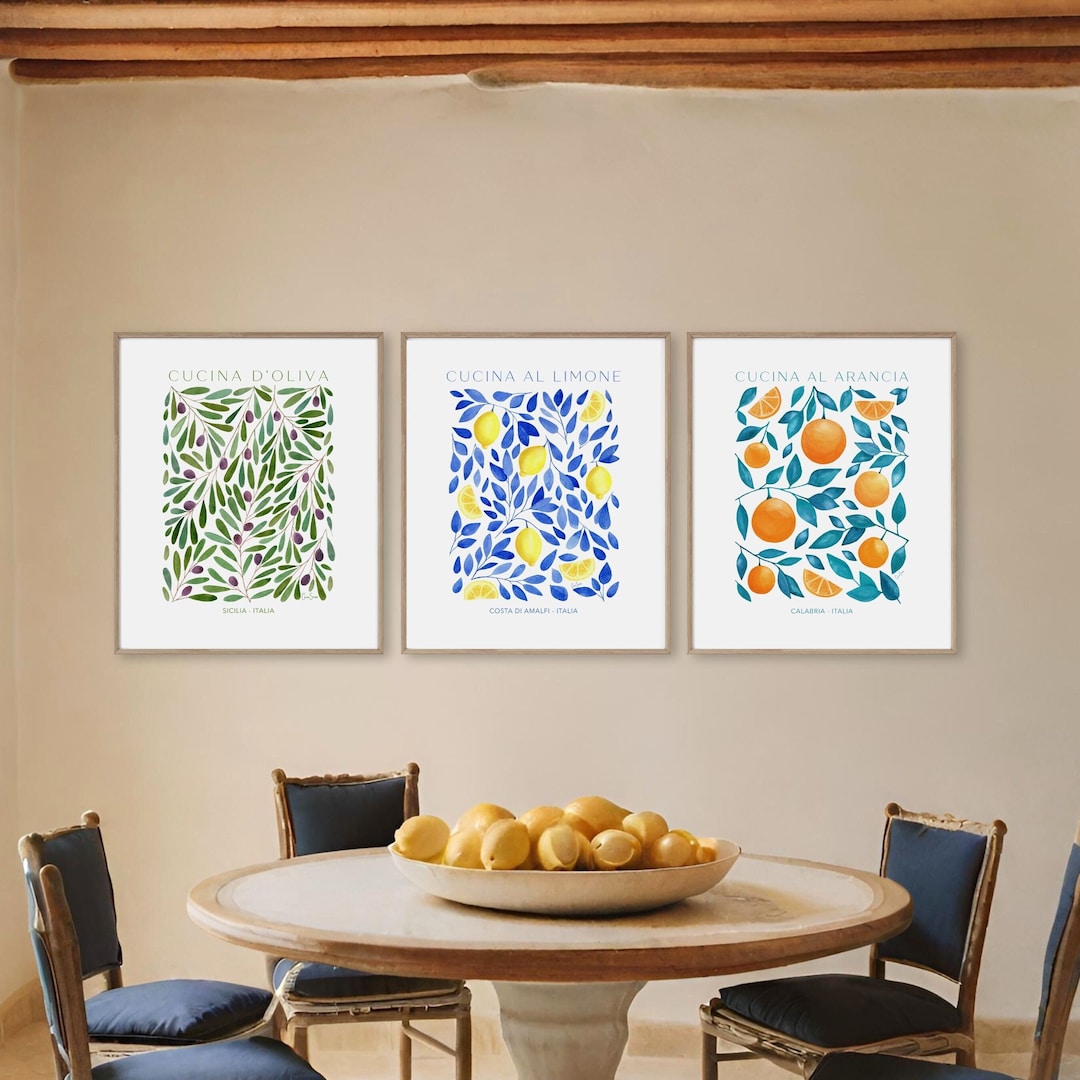 Set of 3 Art Prints, Italian Kitchen Prints, Italy Wall Art, Lemon Wall