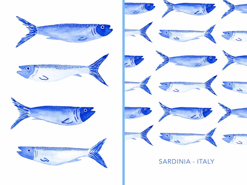 Puede incluir: Una ilustraci&oacute;n digital de peces azules en acuarela sobre un fondo blanco. Los peces est&aacute;n dispuestos en un patr&oacute;n repetitivo en el lado derecho de la imagen. El texto "SARDINIA - ITALY" est&aacute; en la parte inferior de la imagen.