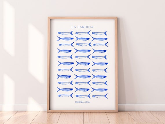 Sardines Art Print: Blue Watercolor Italian Kitchen Decor
