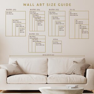 Puede incluir: Una gu&iacute;a de tama&ntilde;o de arte de pared con diferentes proporciones y medidas en pulgadas y cent&iacute;metros. La gu&iacute;a muestra las dimensiones de varios tama&ntilde;os de arte de pared, incluyendo 4x5, 3x4, 2x3, 1x1 y A1-A4.