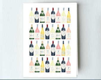 Grid of Wine Bottles Cards, Greeting Cards Set of 10, Wine Watercolor Cards, Notecards with Envelopes, Wine Bottle Notecard, Blank Card Art