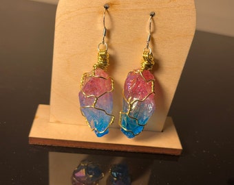 Rainbow Aura Quartz Crystal Earrings