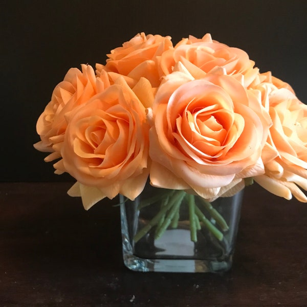 12 Real touch Orange rose flower arrangement in glass & faux water realistic floral gift home decoration centerpiece floral design small