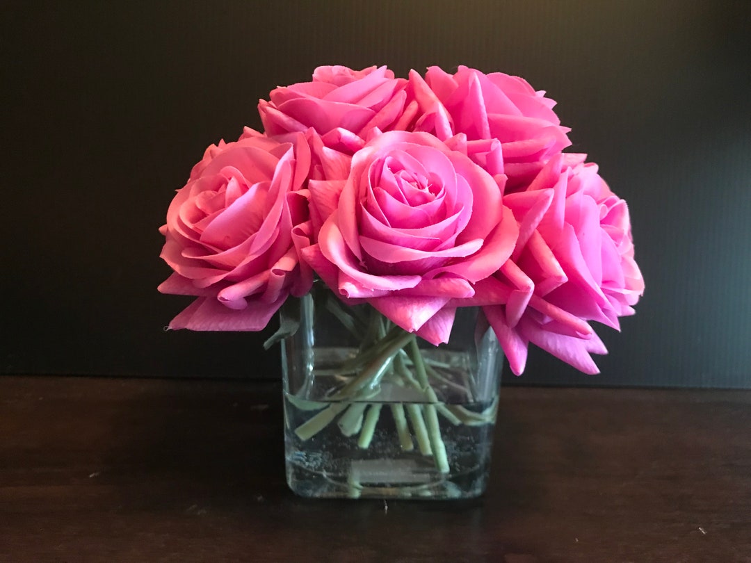 12 Real Touch Purple Rose Flower Arrangement in Glass & Faux Etsy