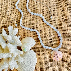 Sanibel Shell Gemstone Necklace: Adjustable Macrame Coastal Jewelry