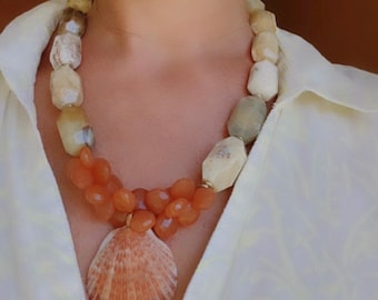 Large gemstone beaded statement shell necklace, yellow opal with orange chalcedony and Florida shell
