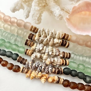 Beachy Boho shell and seaglass bracelets, shell bracelets, fall stacking bracelets, coastal jewelry, seaglass bracelets