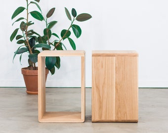 Thru Stool | White Oak Minimal Square Storage Seat | Simple Solid Wood Side Table | Modern Timber Versatile Furnishing | Stylish Minimalist