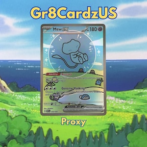 May include: A holographic Mew ex Pokémon trading card. The card features a light blue Mew ex character inside a bubble, with text that reads "Restart" and "Genome Hacking". The card is set against a green and blue background.