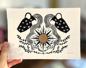Mythical Sun Linocut Print | Gold Accent Celestial Art