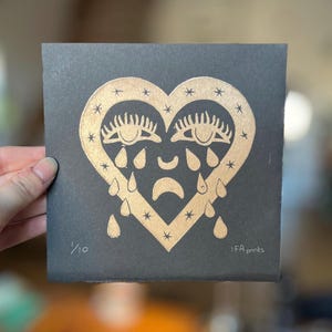 Crying heart Lino Print, Wall Art,  Original  Artwork, Hand printed Sad heart, Linocut wall decor, Block Print Print, Linocut art