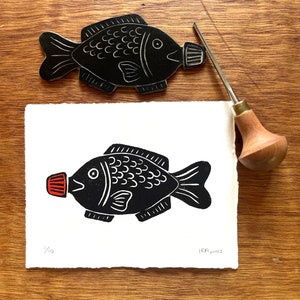 Sojavis originele handgemaakte linosnede | Kunst blokafdruk | Vismuurkunst | Housewarmingcadeau | Voedselkunst | Sushiafdrukkunst | Keukendecoratie