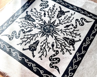 Folklore Tile Linocut Print: Gothic Folk Art, Handmade Block Print