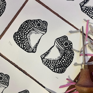 Original Handmade Frogs Linocut Print  | Unframed | Kitsch Retro Gallery Wall Decor Art | hand printed | block print | Toad Art | Frog Art