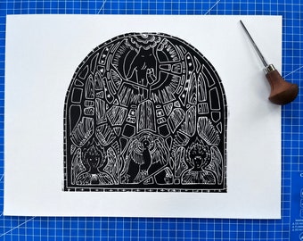 Stain-Glass Window Handprinted Lino Print 'Hand of God'