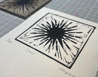 Starburst Lino Print | Black & White Sun Ray Linocut Art