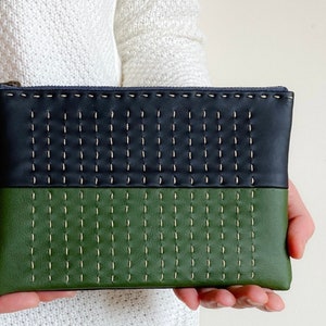 Vegan Leather Pouch /Sashiko Pouch / Cactus Leather / Cactus Leather Purse / Vegan Leather Pouch / Vegan Leather Case / Cactus Leather Pouch