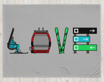 Love to Ski Throw Blanket: Gondola, Chairlift Ski Trail Sign Design