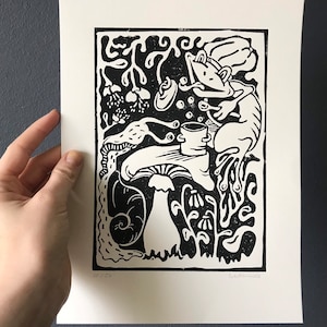 Linocut print &quot;frog cooking&quot;