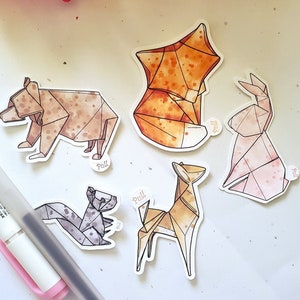 Stickers animaux en origami - Stickers animaux en vinyle - Stickers animaux mats mignons - Stickers animaux de la forêt - Stickers mats résistants à l'eau
