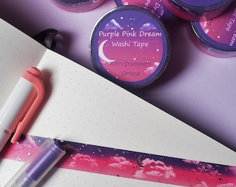 May include: Purple and pink washi tape with a crescent moon and stars design. The tape is labeled "Purple Pink Dream Washi Tape" and "Kiki's Stationery Service".