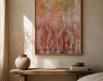 Großes abstraktes Leinwandbild Pfirsich Rosa, expressive moderne Wandkunst, Original Acrylbild XXL handgemalt – marfa