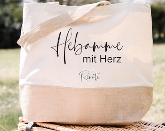 Personalisierte Tasche Hebamme mit Herz /  Geschenk / Jutetasche / Geburt / Hebamme /  Danke / Überraschung / Einkaufstasche / Abschied