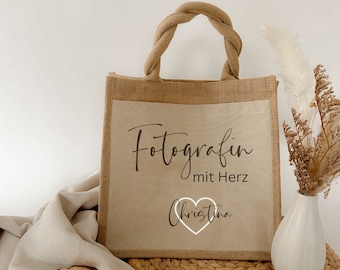 Sac en jute personnalisé photographe avec coeur / cadeau / sac en jute / mariage / merci / photographe / photographe de mariage / styliste