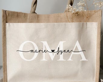 Personalisierte Jute Tasche Oma / Geschenk Muttertag / Jutetasche / Geburt / mit Kindernamen Enkelkinder / Überraschung Est. Geburtsjahre