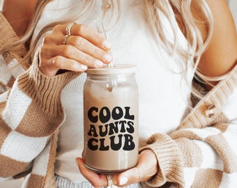 Trinkglas Cool Aunts Club / Eiskaffeetasse Schleifen / Tante Patentante Geschenk / Freundin / mit Namen / Glas mit Strohhalm  / Geburtstag