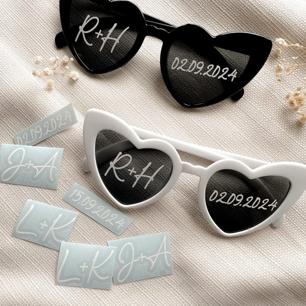 Heart-shaped glasses stickers / Wedding / Bachelorette party / Glasses / Sunglasses / Bride / Personalized / Black and white wedding glasses / Maid of Honor